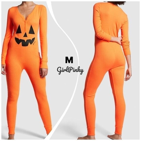 Victoria's Secret Pink JACK O LANTERN Onesie HALOGEN ORANGE HALLOWEEN MEDIUM - Picture 1 of 7